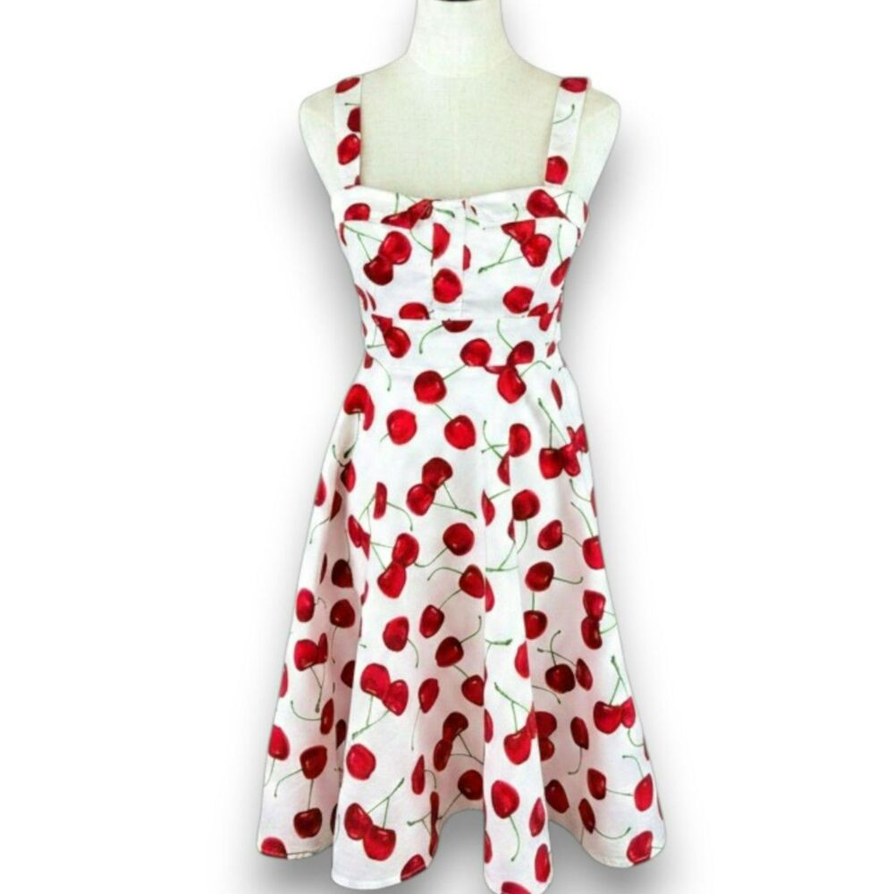 Cherry Print Fit & Flare Sundress Red White Rockabilly Dress Small
